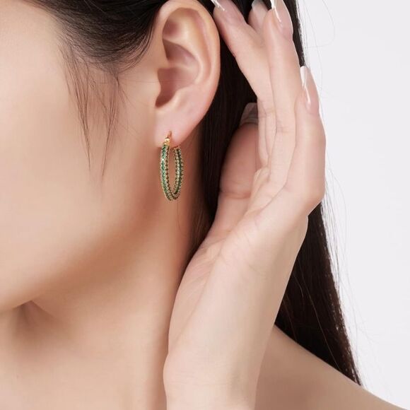 14K Yellow Gold Sterling Silver with Emerald Green Cubic Zirconia Hoop Earrings - Picture 4 of 7